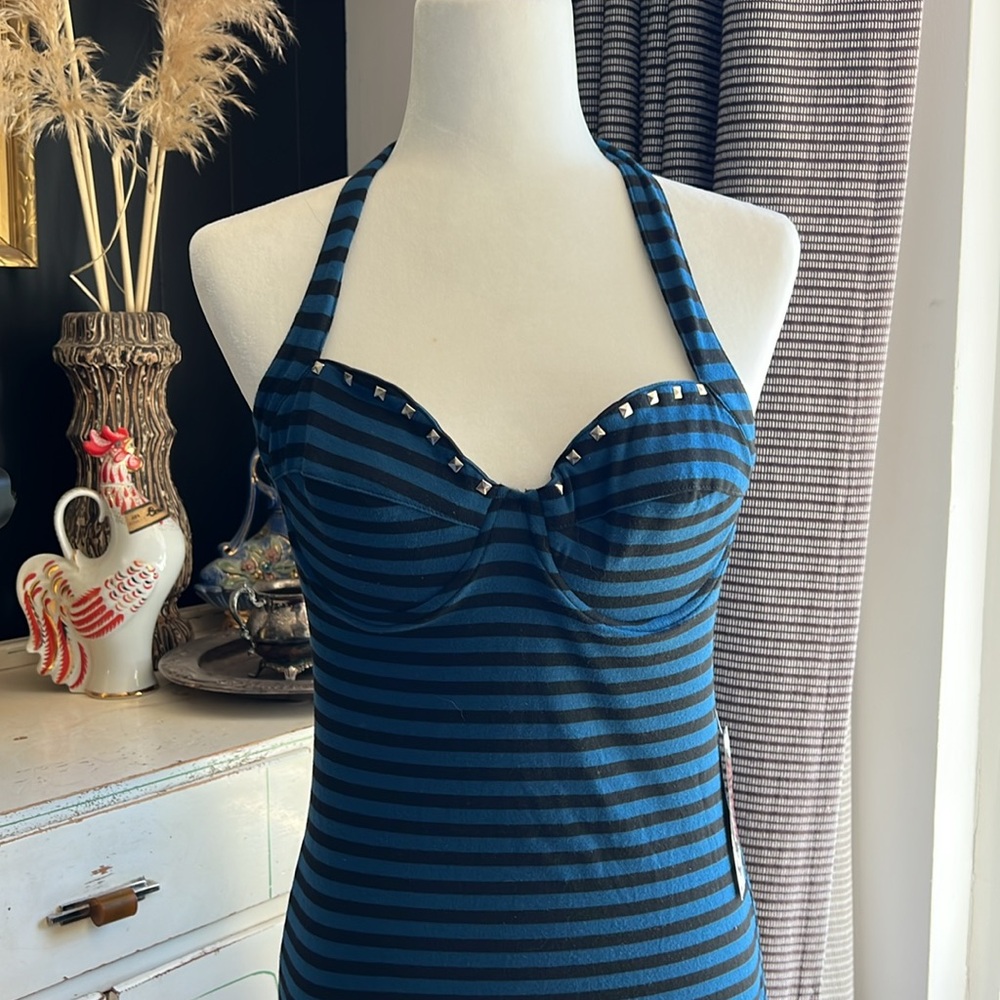 Switchblade Stiletto Halterneck Y2K striped fitted dress with rocker stud detail